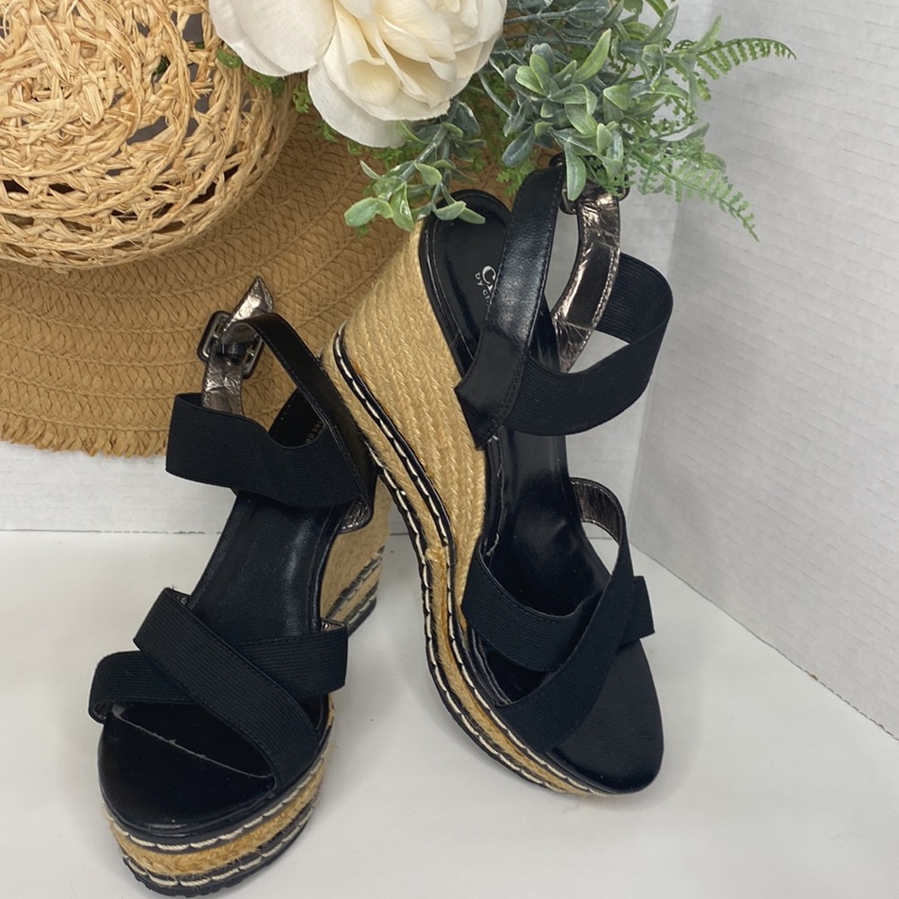 Charles by Charles David Platform Wedge Espadrilles Black Elastic Strap Sandal 7